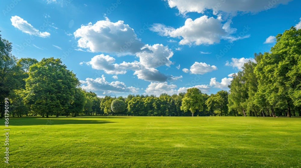 beautiful park with wooded area and a blue sky with clouds beautiful park with wooded area and a blue sky with clouds