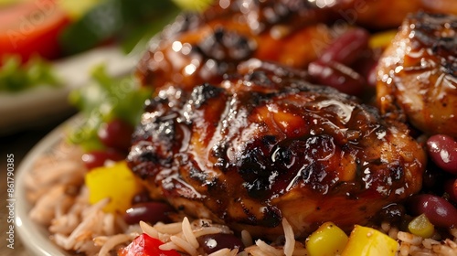 Flavorful Jamaican Jerk Chicken Meal with Vibrant Caribbean Carnival Backdrop