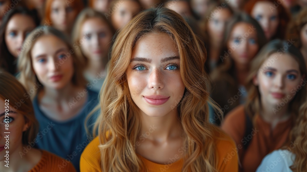 Standing out from the crowd concept with a woman looking at the camera from a large crowd of people, Standing out from the crowd concept with a woman looking at the camera from a large crowd of people,