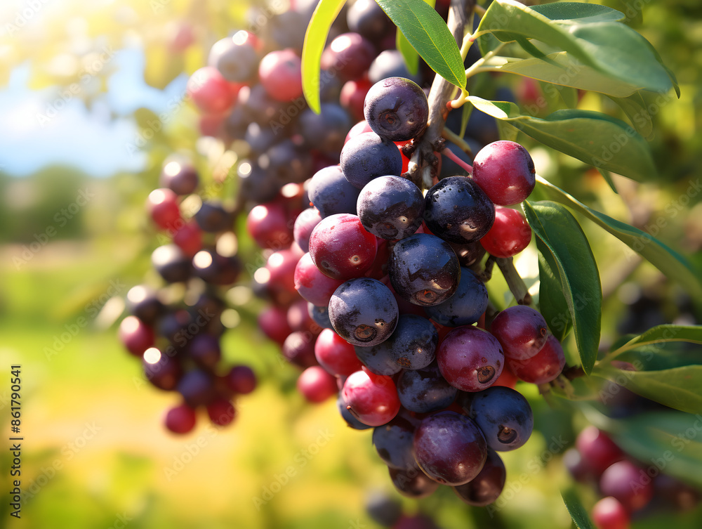 Close up of blueberry bush with ripe berries, outdoor with natural sunlight, blurred background Close up of blueberry bush with ripe berries, outdoor with natural sunlight, blurred background