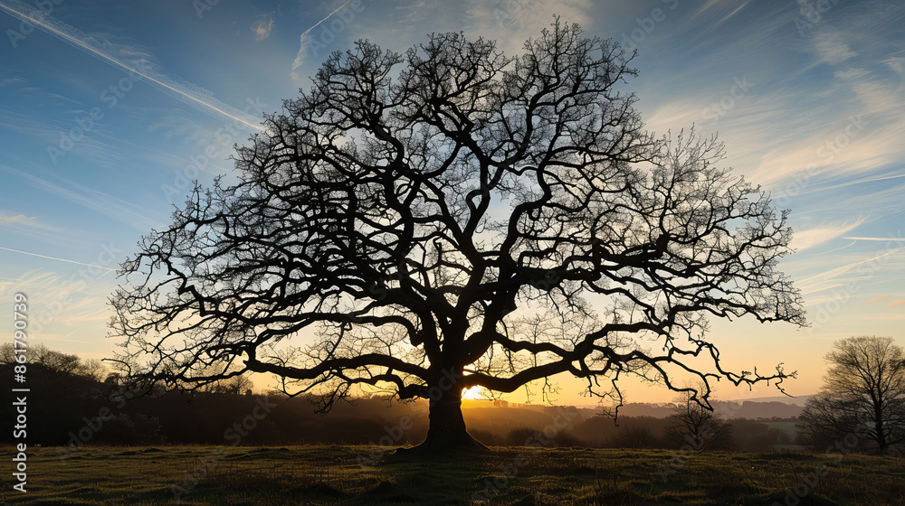 Detailed Silhouette of a Large Tree with Branches and Leaves
