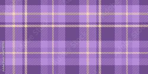 Seamless tartan pattern in purple and lavender shades with pale yellow highlights. The plaid design includes intersecting lines and squares, creating a classic and elegant textile style