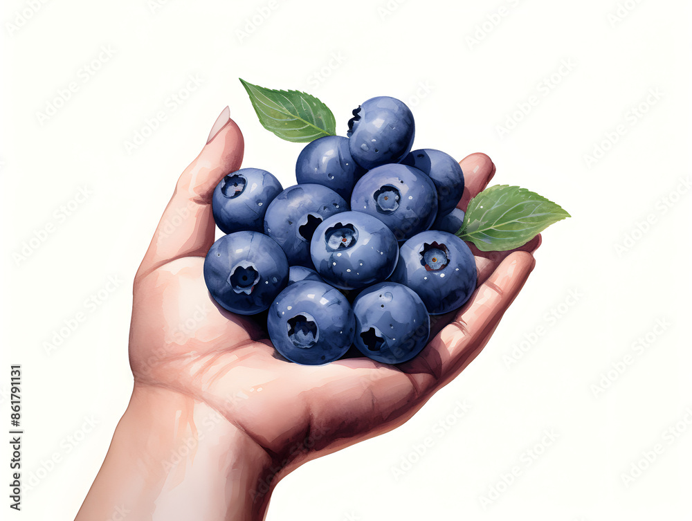 Illustration of a hand holding ripe blueberries, white background Illustration of a hand holding ripe blueberries, white background