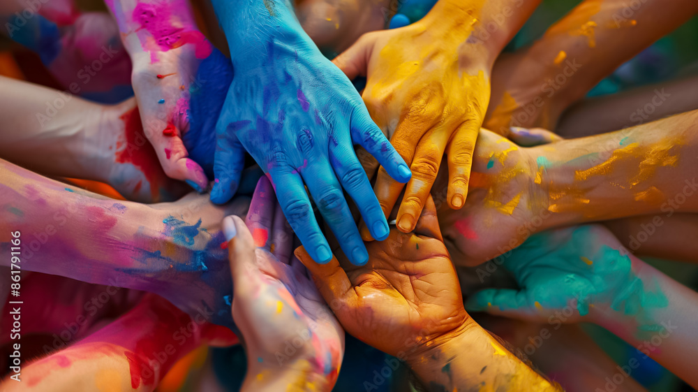 Fototapeta premium A group of people with their hands together, all wearing different colored paint