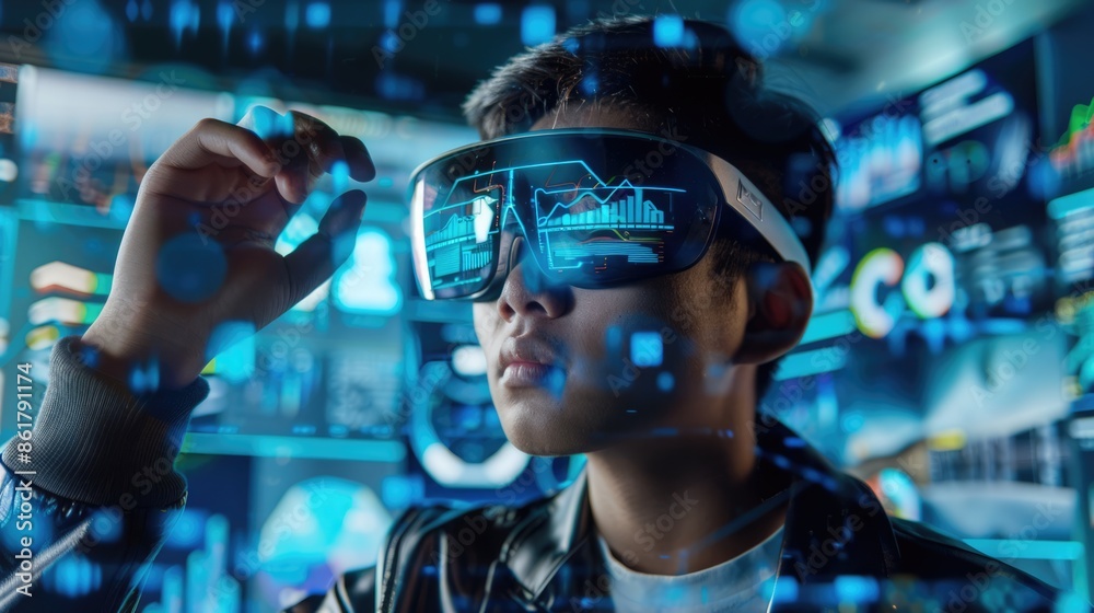 Young man wearing augmented reality glasses. Futuristic virtual charts and graphs on floating data high-tech interface displays Young man wearing augmented reality glasses. Futuristic virtual charts and graphs on floating data high-tech interface displays