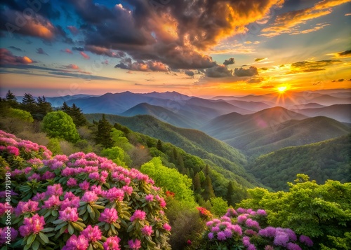 The Great Craggy Mountains along the Blue Ridge Parkway in North Carolina, USA with Catawba Rhododendron during a spring season sunset. © Tekin
