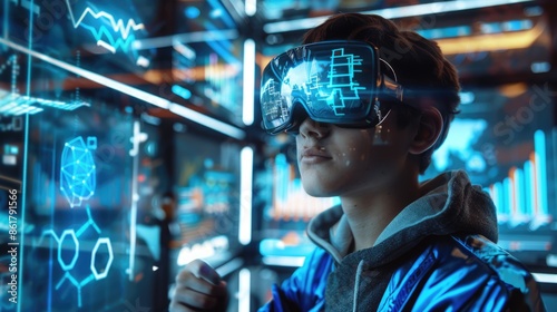 Young man wearing augmented reality glasses. Futuristic virtual charts and graphs on floating data high-tech interface displays © EarthWalker