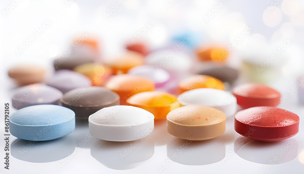 Colorful Pills Arranged in a Cluster on a White Surface Colorful Pills Arranged in a Cluster on a White Surface