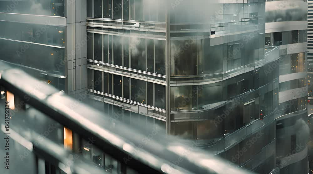 Modern downtown architecture, rainy day aerial. Contemporary urban cityscape view, drone cam. Cinematic glass and steel buildings glistening under a light drizzle in the city center