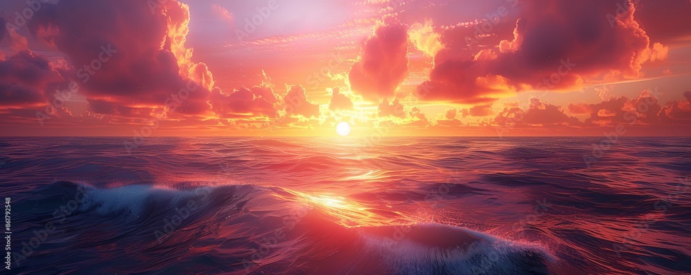 Fototapeta premium A vibrant sunset over the ocean, with the sky painted in shades of orange, pink, and purple as the sun dips below the horizon.