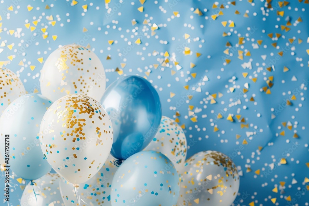 Blue and white balloons with gold confetti festive birthday party decor background Blue and white balloons with gold confetti festive birthday party decor background