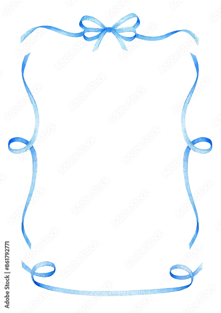 Blue ribbon bow frame, hand drawn watercolor illustration isolated on white background, template for greeting card or wedding invitation Blue ribbon bow frame, hand drawn watercolor illustration isolated on white background, template for greeting card or wedding invitation