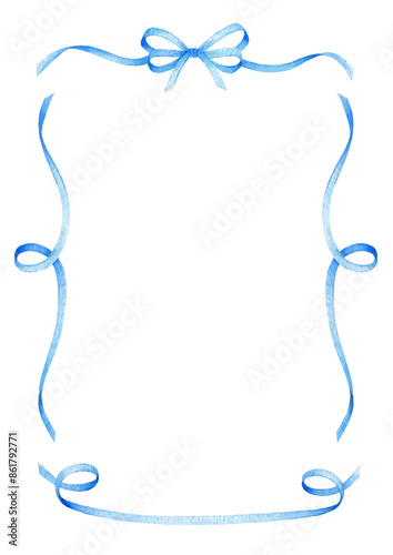 Blue ribbon bow frame, hand drawn watercolor illustration isolated on white background, template for greeting card or wedding invitation