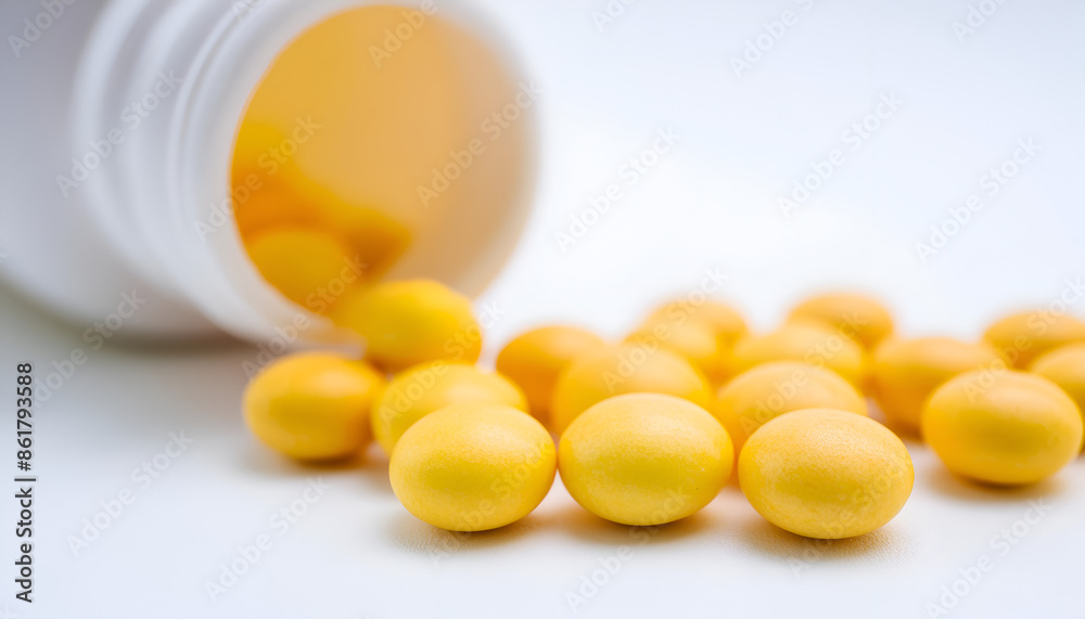 Yellow Pills Spilled From White Bottle on White Surface Yellow Pills Spilled From White Bottle on White Surface