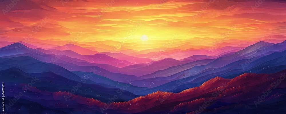Fototapeta premium A breathtaking sunset over a vast expanse of rolling hills, painting the sky with hues of gold, orange, and purple.
