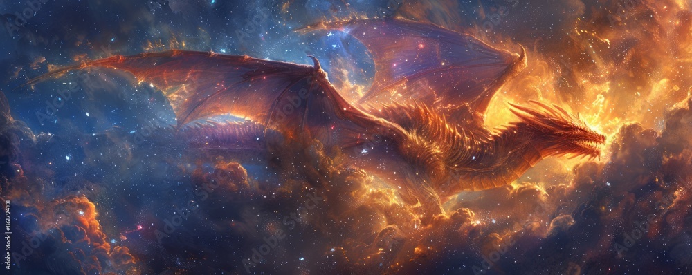 Naklejka premium A majestic dragon soaring through a starry sky, its scales shimmering with iridescent hues, breathing fire across the heavens.