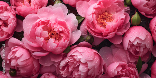 Macro close up of pink peonies with water droplets