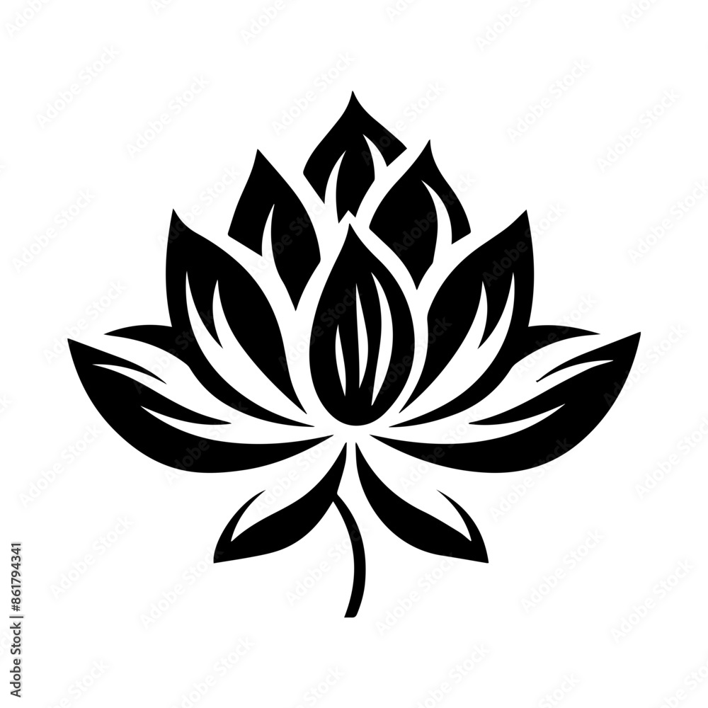 A black and white lotus flower symbol with stylized petals A black and white lotus flower symbol with stylized petals