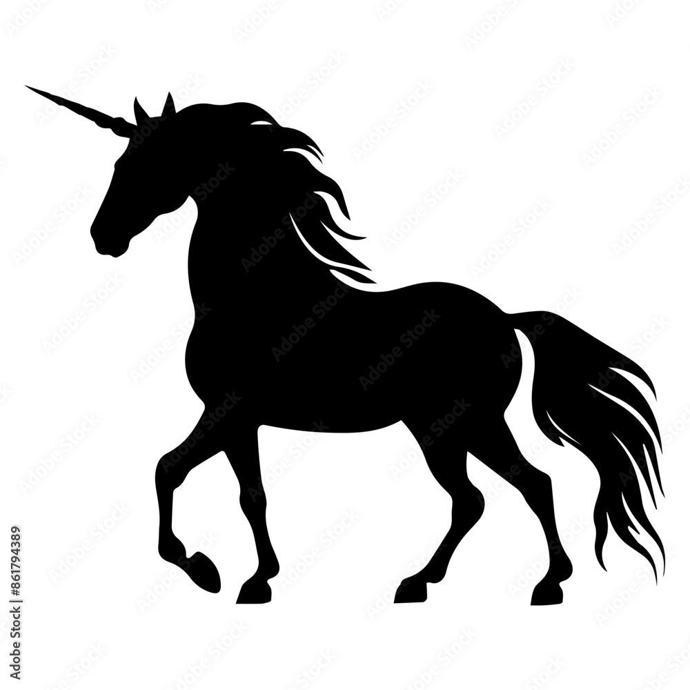 Obraz premium A black silhouette of a unicorn with a horn and flowing mane