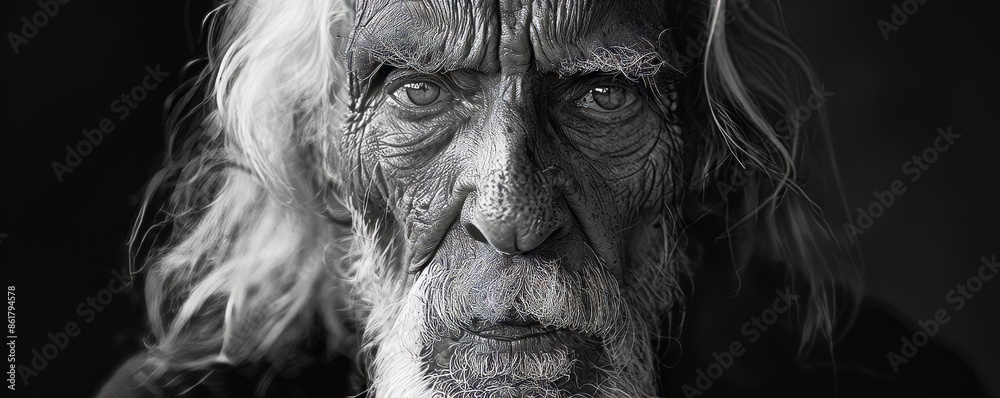 Black and white portrait of old man with long white hair and wrinkles on his wise face. Black and white portrait of old man with long white hair and wrinkles on his wise face.