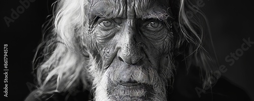 Black and white portrait of old man with long white hair and wrinkles on his wise face. © Влада Яковенко