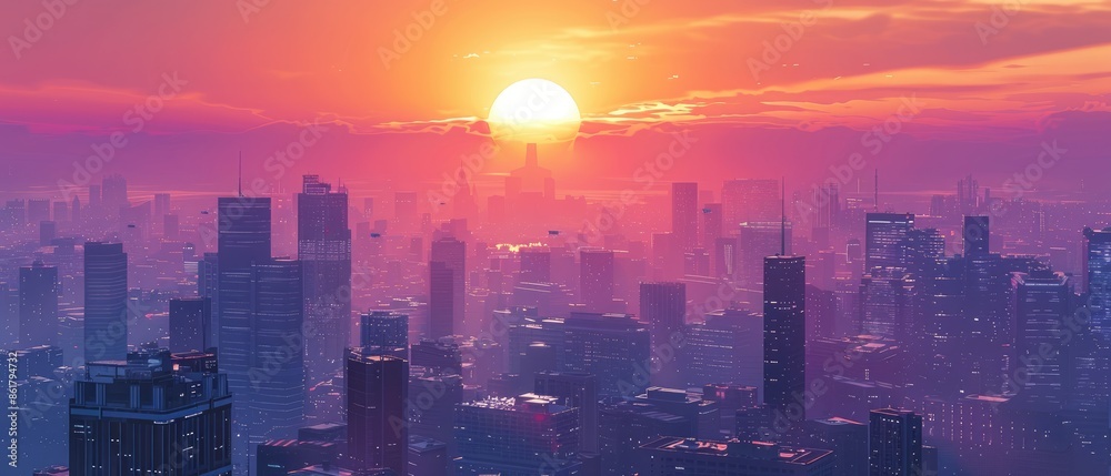 City skyline at sunset with a bright sun. City skyline at sunset with a bright sun.