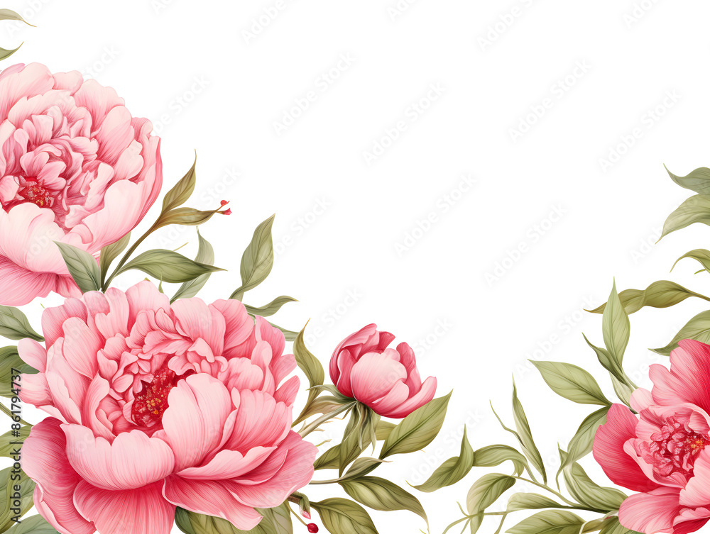 Illustration frame with pink peonies and green leaves on white background Illustration frame with pink peonies and green leaves on white background