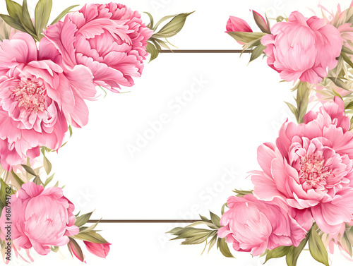 Wallpaper Mural Illustration frame with pink peonies and green leaves on white background  Torontodigital.ca