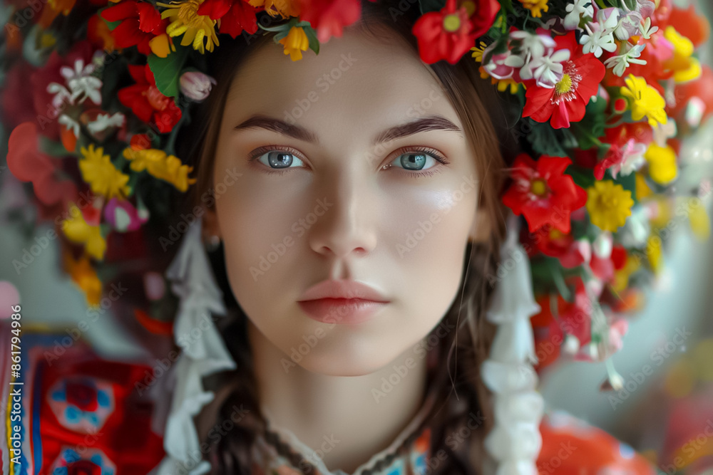 A woman wearing a flowery headdress with a blue eye shadow A woman wearing a flowery headdress with a blue eye shadow