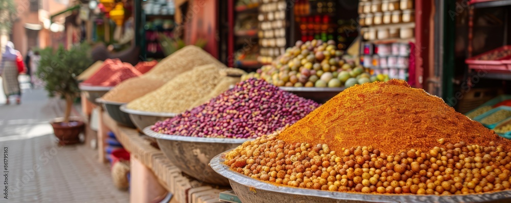 A vibrant street market in Marrakech, filled with exotic spices, handcrafted goods, and the bustling energy of local vendors. A vibrant street market in Marrakech, filled with exotic spices, handcrafted goods, and the bustling energy of local vendors.
