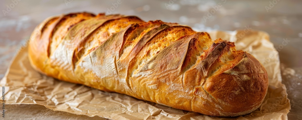 A freshly baked loaf of bread, its crusty exterior giving way to a soft, chewy interior. A freshly baked loaf of bread, its crusty exterior giving way to a soft, chewy interior.