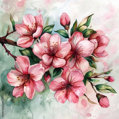 A beautiful watercolor painting featuring blooming pink cherry blossoms with green leaves, emanating a serene spring ambiance.