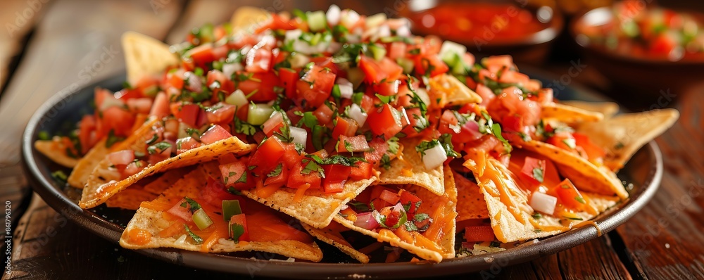 A plate of nachos piled high with tortilla chips, melted cheese, beans, and a variety of salsas. A plate of nachos piled high with tortilla chips, melted cheese, beans, and a variety of salsas.