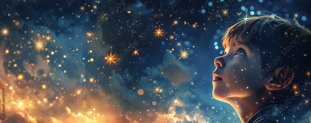 A child's face full of wonder as they gaze up at the stars. A child's face full of wonder as they gaze up at the stars.