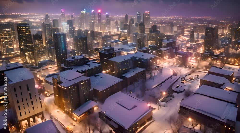 Modern downtown architecture, snowy evening aerial. Contemporary urban cityscape view, drone cam. Cinematic glass and concrete buildings dusted with snow, glowing in the city lights