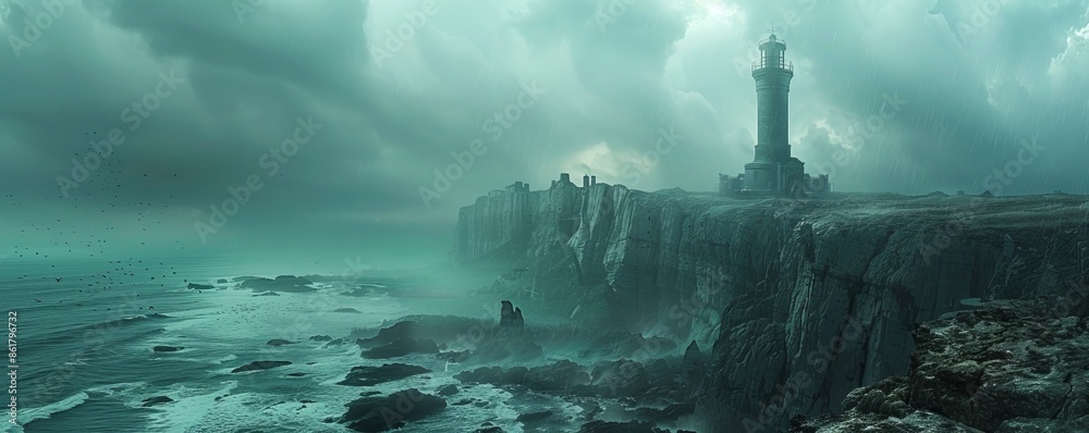 Fototapeta premium A solitary lighthouse stands sentinel on a rocky coastline, its beacon guiding ships safely through the treacherous waters below.