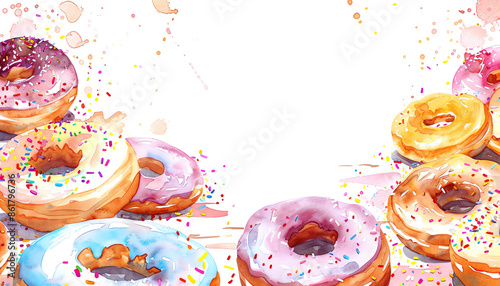 An illustration of a variety of watercolor donuts on a white background. The donuts are pink, blue, and brown, and are topped with frosting and sprinkles. Donuts watercolor background with copy space.