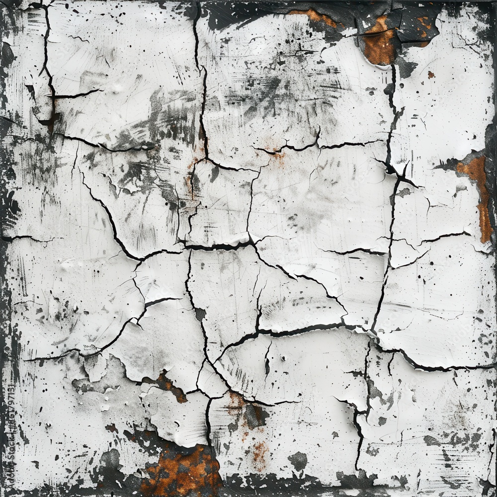 Close-up of weathered and cracked white paint on a rustic surface, showcasing a textured and aged look.