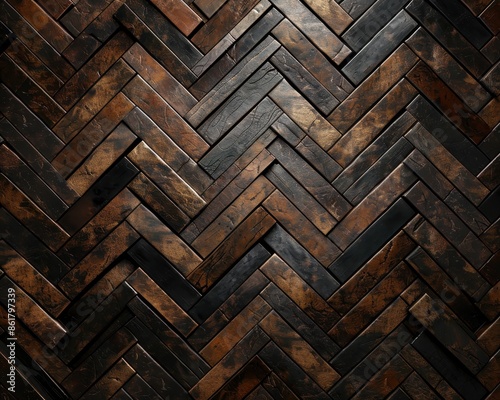 Dark brown wooden herringbone pattern textured floor background, perfect for interior design, architecture, and construction projects.