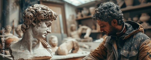 An artist sculpting a life-sized statue of a famous historical figure, using traditional sculpting techniques and materials. photo