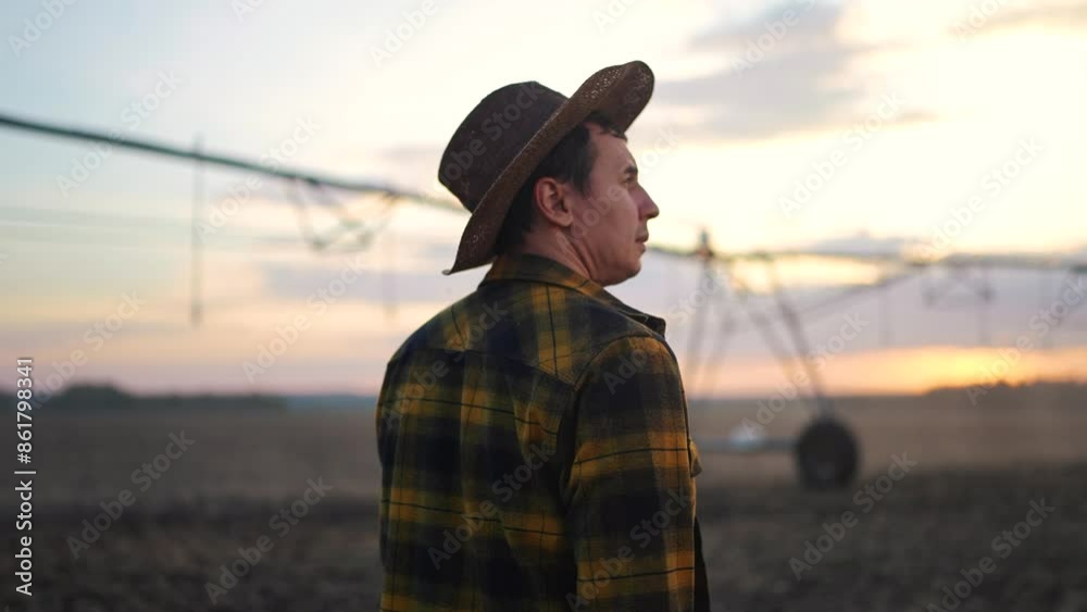 farmer in a wide-brimmed hat in a corn field. agriculture business farm concept. irrigation system watering sprouts in lifestyle a large field. farmer in plaid shirt sunset on background farmer in a wide-brimmed hat in a corn field. agriculture business farm concept. irrigation system watering sprouts in lifestyle a large field. farmer in plaid shirt sunset on background
