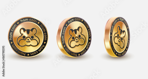 Set hamster coin - ham cryptocurrency logo on white. Concept gold, golden coin with black. Vector illustration for card, business, design, flyer, poster, game klicker, banner, web, advertising