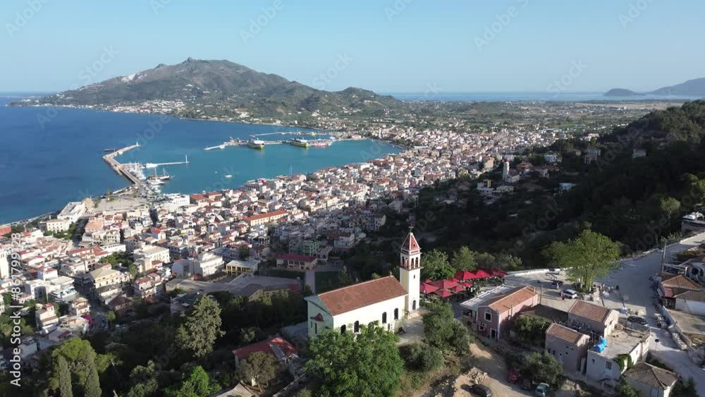 Aerial panoramic view over Zakynthos city at sunset. Zakynthos island, Ionian sea, western Greece Aerial panoramic view over Zakynthos city at sunset. Zakynthos island, Ionian sea, western Greece