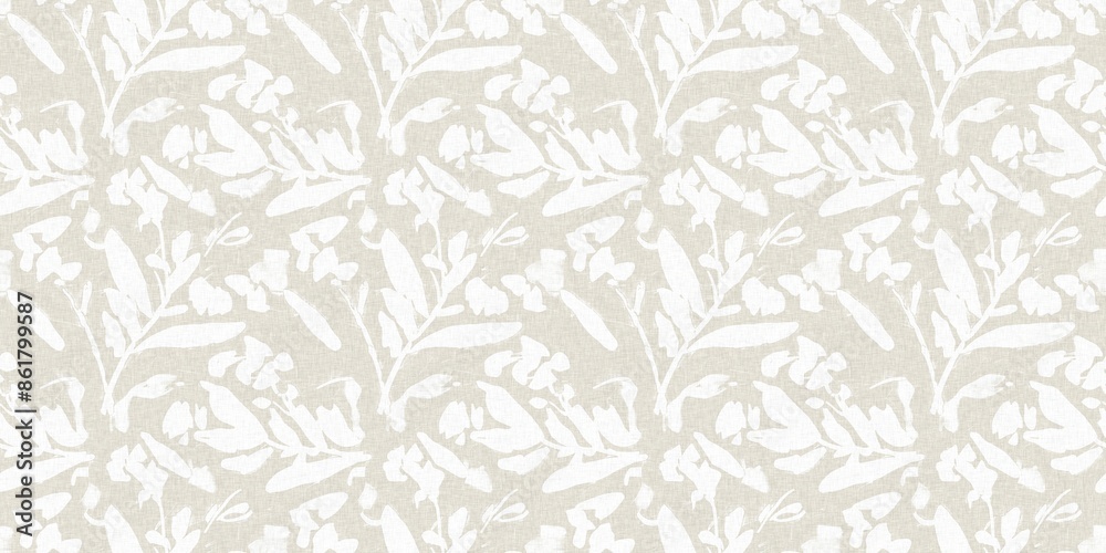 Seamless french gender neutral floral linen printed fabric border background. Light mottled white on grey cottage core block print pattern. Shabby chic woven duotone cloth effect. Seamless french gender neutral floral linen printed fabric border background. Light mottled white on grey cottage core block print pattern. Shabby chic woven duotone cloth effect.