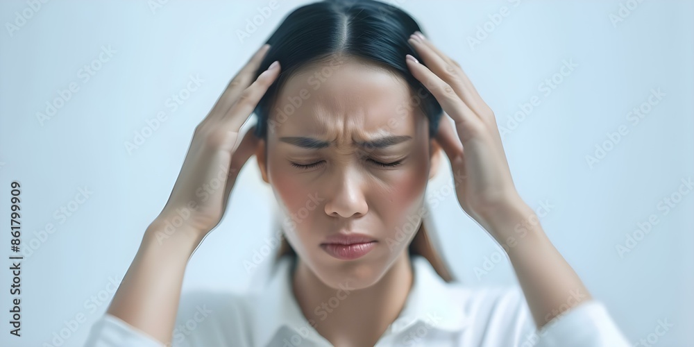 Woman with migraine headache holding head in pain. Concept Headache Relief, Medical Treatment, Pain Management, Health Tips, Mental Wellness Woman with migraine headache holding head in pain. Concept Headache Relief, Medical Treatment, Pain Management, Health Tips, Mental Wellness