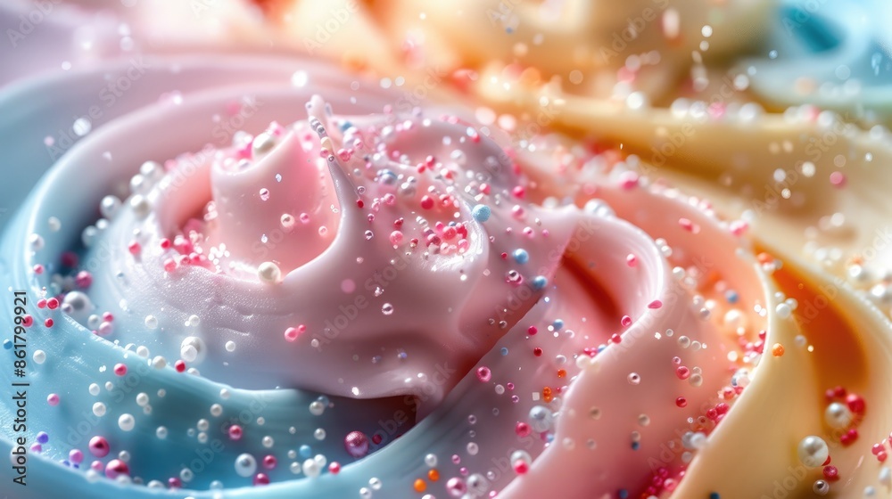 Close-up of colorful swirls of frosting with sprinkles. Close-up of colorful swirls of frosting with sprinkles.