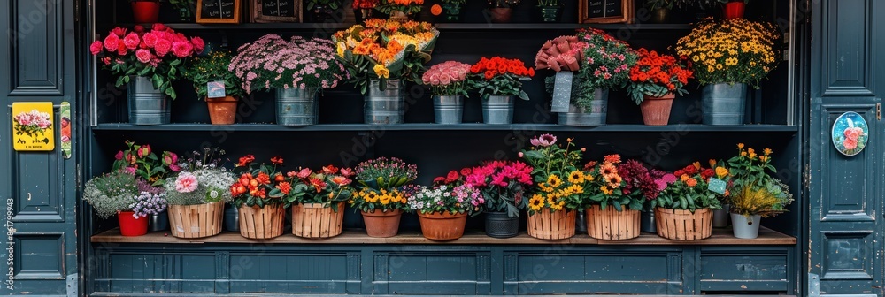 A colorful array of flowers in various pots on display at a market stall A colorful array of flowers in various pots on display at a market stall