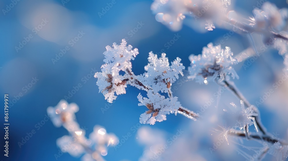 Close-up of delicate frost-covered branches against a blue sky. The image evokes winter and a sense of tranquility. Close-up of delicate frost-covered branches against a blue sky. The image evokes winter and a sense of tranquility.