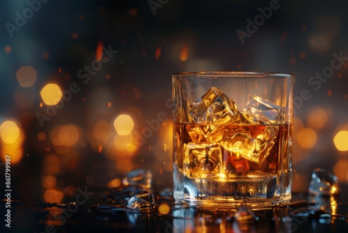 Whiskey glass with ice cubes on dark blurred background, ideal for text placement