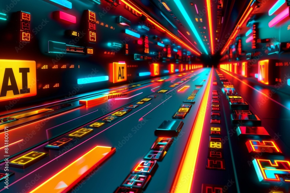 Futuristic AI Data Flow in a Vibrant Digital Tunnel with Neon Lighting Effects Futuristic AI Data Flow in a Vibrant Digital Tunnel with Neon Lighting Effects